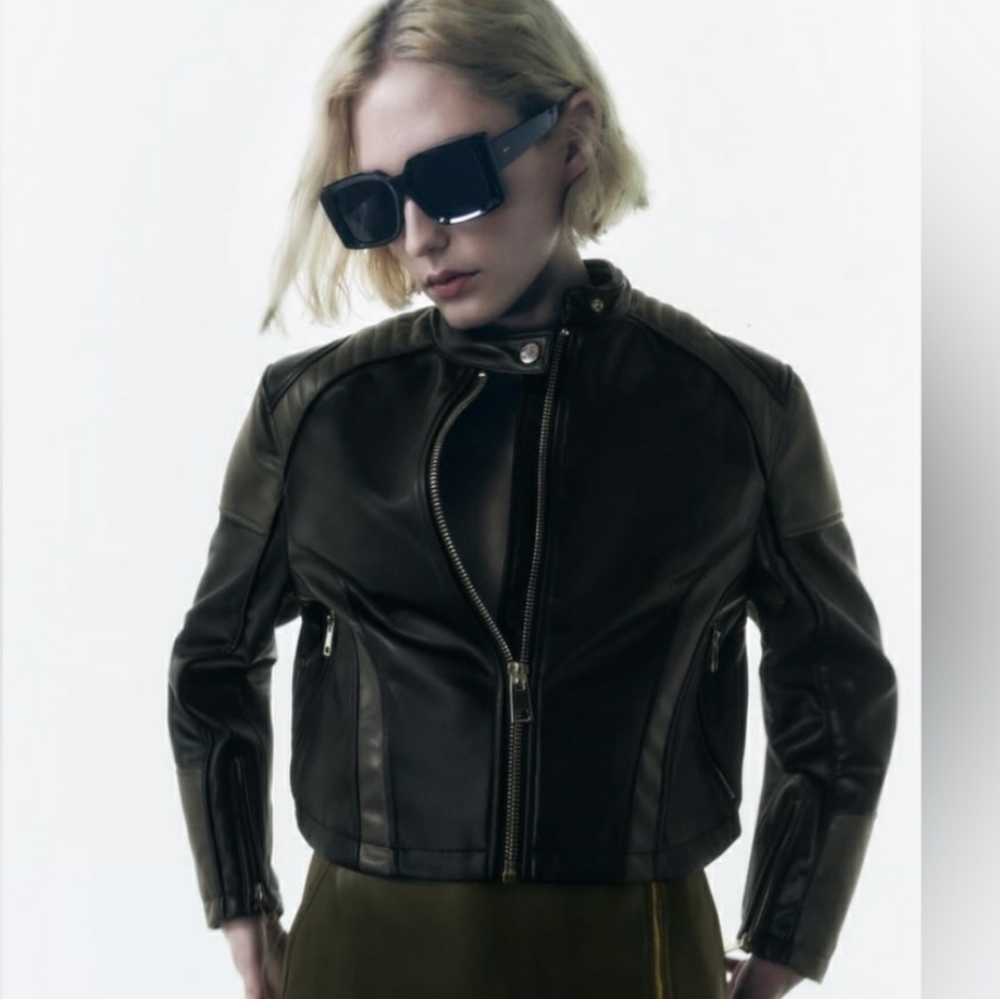 Zara contrasting faux leather biker jacket black khaki green size L new with tag
